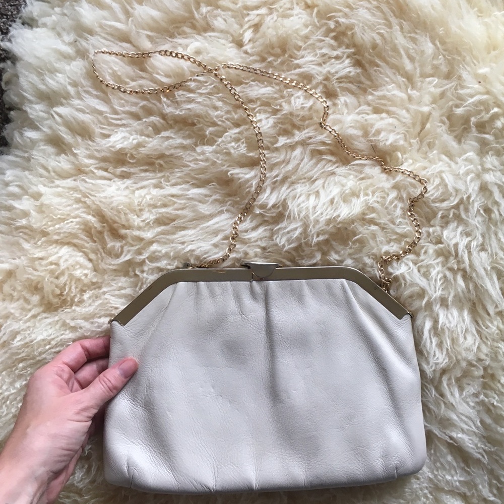 Octagon Clasp Vintage Real Leather Ivory Handbag